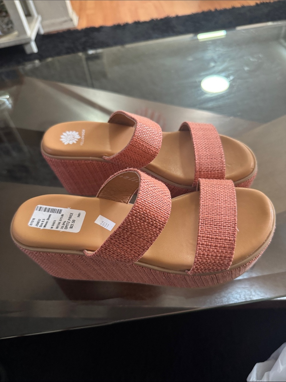 Yellow Box Coral Pink Woven Double-Strap Platform Slides - Picture 4 of 8